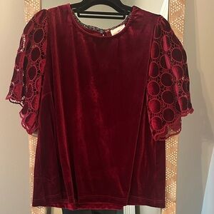 Burgundy Velvet Blouse with Lace Sleeves